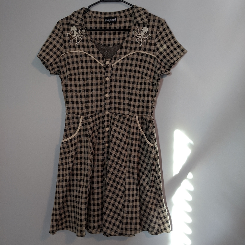Sourpuss cream and black gingham kraken rockabilly dress.  It has pockets!